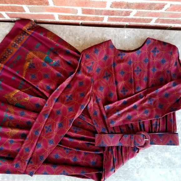 Gillian Studio Dresses & Skirts - Unique Boho Midi Belted Long Sleeve Burgundy Dress with On-Seam Pockets
